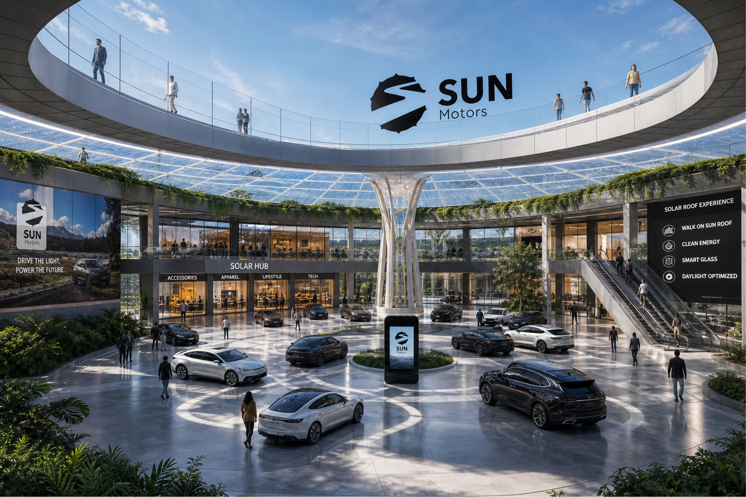 City street lined with SUN Motors dealerships and vehicles at dusk