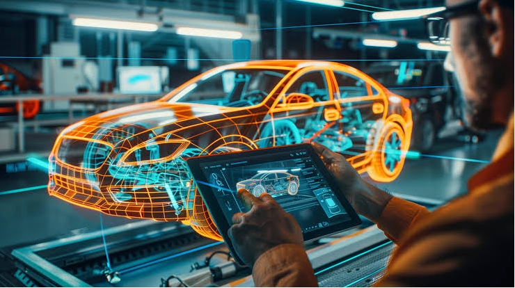 Digital wireframe visualization of a SUN Motors vehicle representing AI modeling